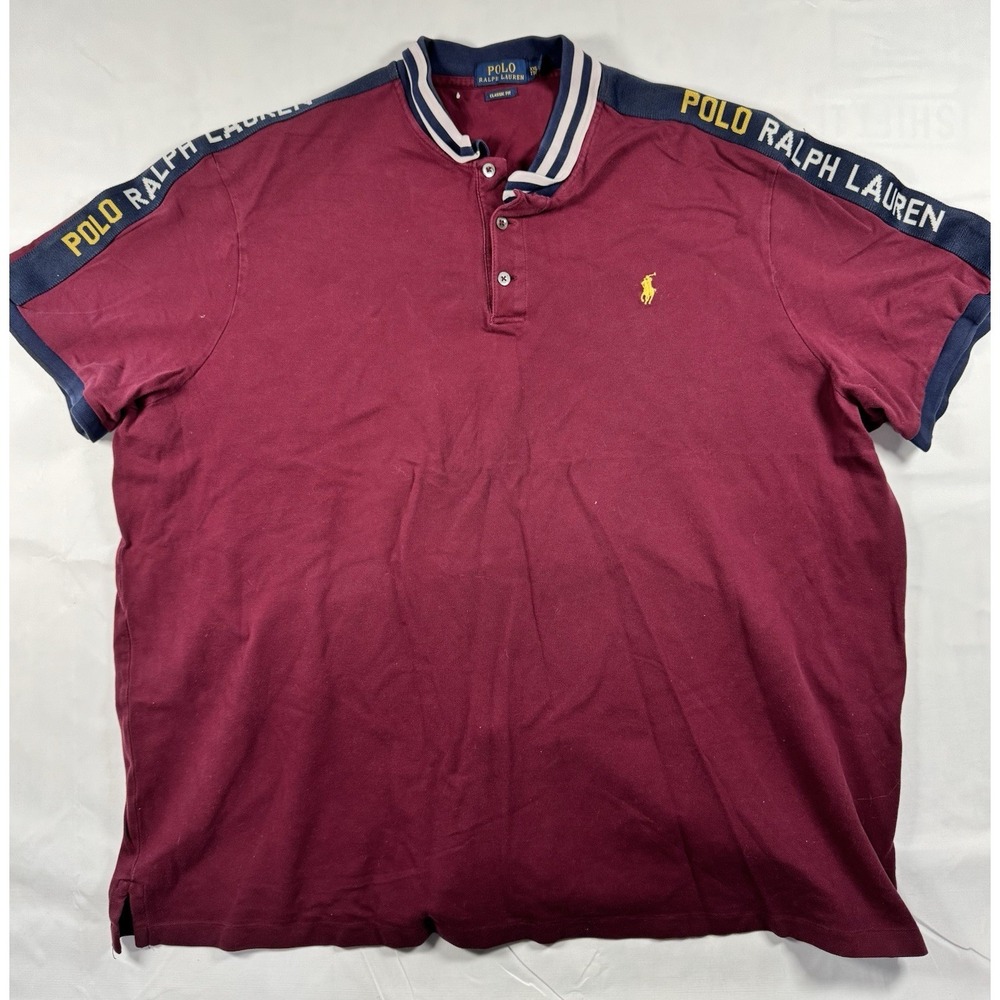 Polo Ralph Lauren Mens XXL Spell Out Polo Shirt Burgundy Yellow Pony Color Block